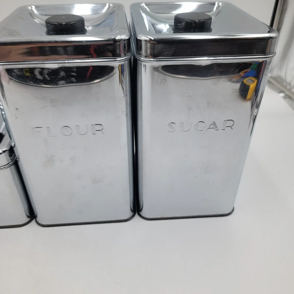 VTG Kreamer Ware Chrome Kitchen Canister Set 4pc Mid Century Retro Metal